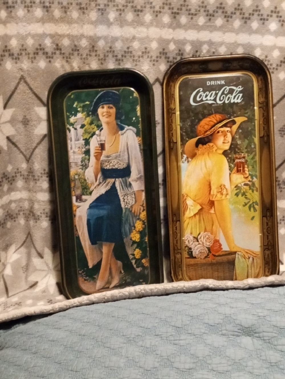 Coca-Cola Decorative Trays Featuring Women in Blue and Yellow Attire